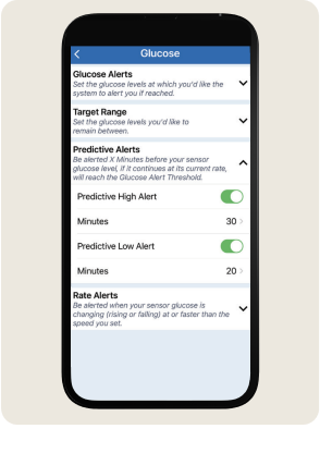 A smartphone displays glucose monitoring settings with options for alerts